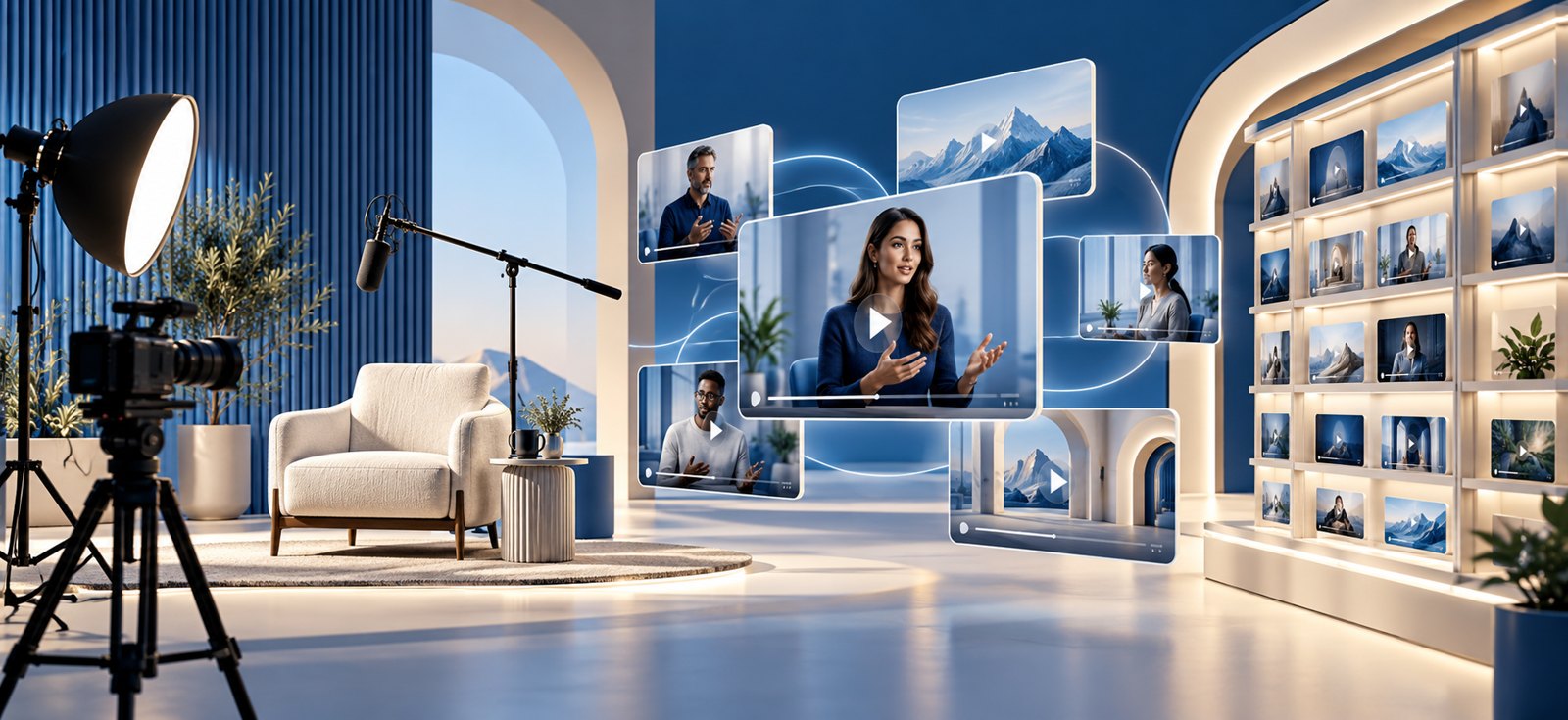 Modern video studio connected to an organized digital video library